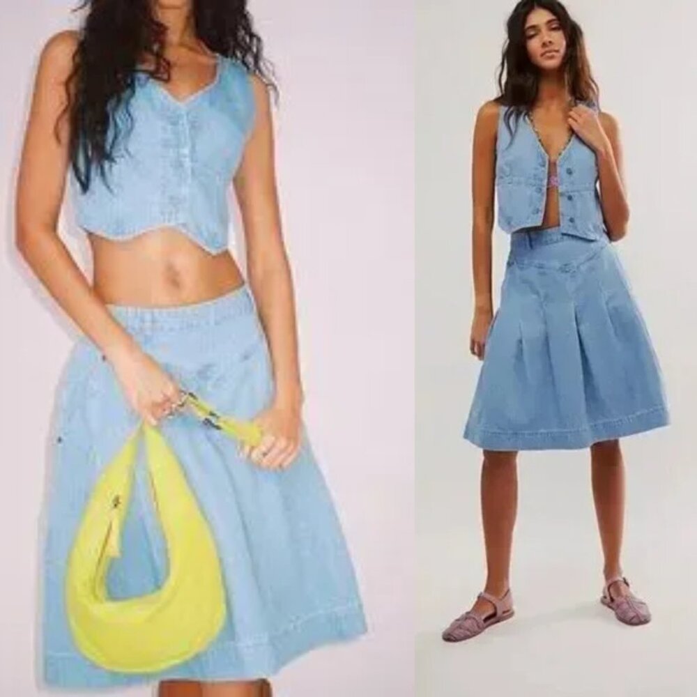FREE PEOPLE Scout Denim Skirt Set Cropped Vest Top Dark Indigo Women's Size 4 6 - Picture 12 of 12